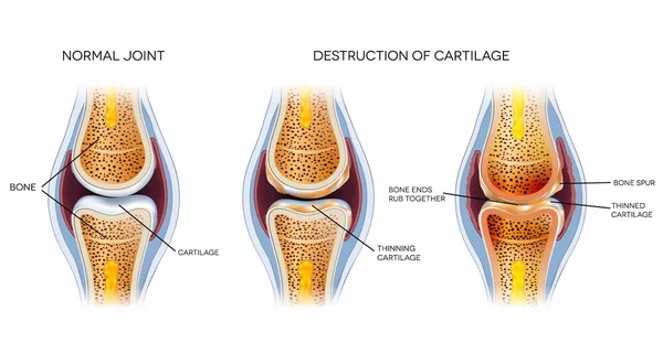 Comparaison des stades d'une articulation : du cartilage sain à sa détérioration progressive.