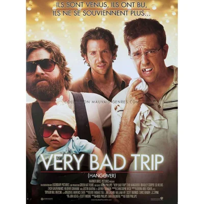 Affiche de Very Bad Trip mettant en vedette trois adultes et un bébé à lunettes de soleil, emblématique de la comédie.