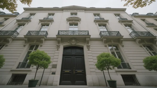 Façade majestueuse de l'Ordre national des médecins à Paris, bâtiment haussmannien en pierre, portes massives fermées, ciel gris automnal, vue depuis le trottoir en contre-plongée