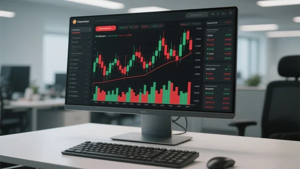 Écran d'ordinateur affichant une interface de trading cryptographique avec des graphiques financiers rouges et verts en mouvement