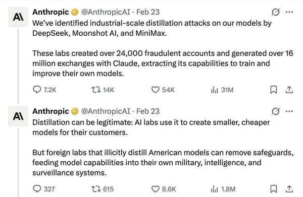Série de tweets du compte vérifié @AnthropicAI accusant des entreprises de distillation de modèles