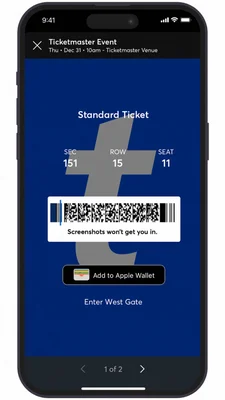 Interface de l'application Ticketmaster affichant les détails d'un billet mobile avec code QR.