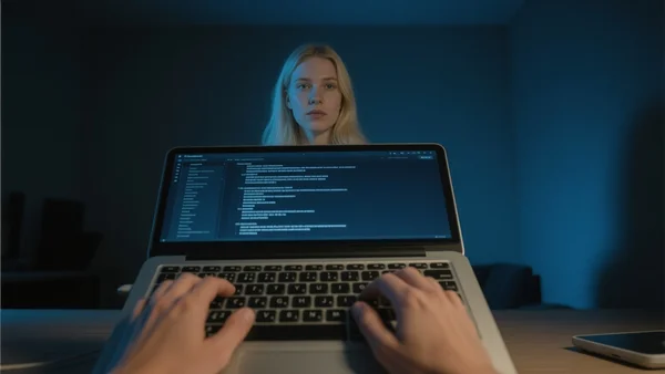 Vue en contre-plongée d'une main humaine tapant sur un clavier d'ordinateur portable, écran affichant une interface avec du texte défilant, lumière bleutée de l'écran qui illumine le visage du lecteur par réflexion, ambiance de travail nocturne