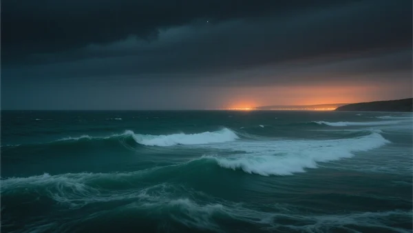 Vue nocturne de la mer de la Manche agitée, lumières lointaines des côtes françaises floues à l'horizon, ciel sombre, ambiance froide et maritime