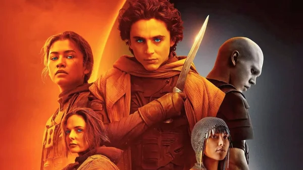 Cinq personnages en poses dramatiques sur fond divisé orange et sombre pour une affiche promotionnelle.