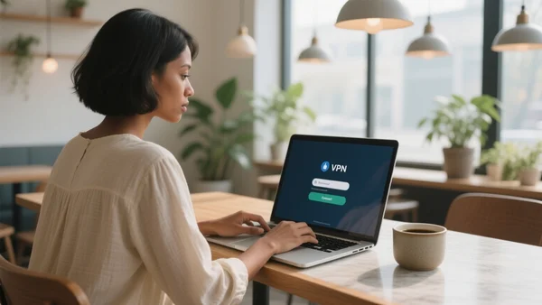Travailleuse utilisant un ordinateur portable dans un café moderne, l'écran affiche l'interface de connexion d'un service VPN, tasse de café à proximité, ambiance de travail nomade