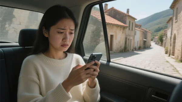 Jeune femme assise dans une petite citadine ancienne, regardant son téléphone avec inquiétance à l'intérieur de l'habitacle