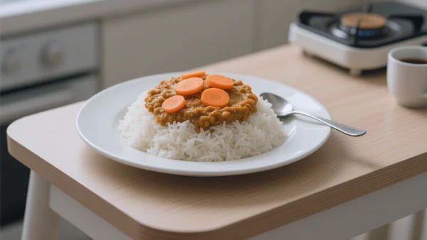 Bol coloré de dahl de lentilles corail sur riz basmati avec des rondelles de carotte, dans une assiette simple posée sur une table de cuisine étudiante