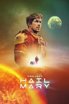 Une affiche de Project Hail Mary avec un astronaute en combinaison rouge et beige flottant dans l'espace devant une planète.