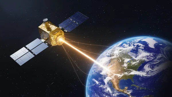 Satellite en orbite émettant un faisceau lumineux pour la distribution quantique de clés.