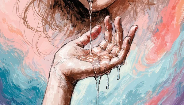Main d'une femme versant un filet de gel lubrifiant transparent sur ses doigts, fond coloré abstrait