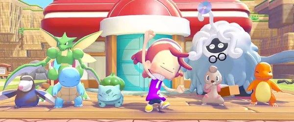 Le personnage joueur interagit joyeusement avec Bulbizarre et un Rondoudou endormi près d'arbres fruitiers.