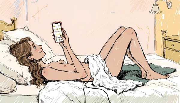 Femme nue allongée sur un lit, un œuf vibrant inséré, regardant son téléphone qui affiche l'interface de contrôle d'un sextoy connecté