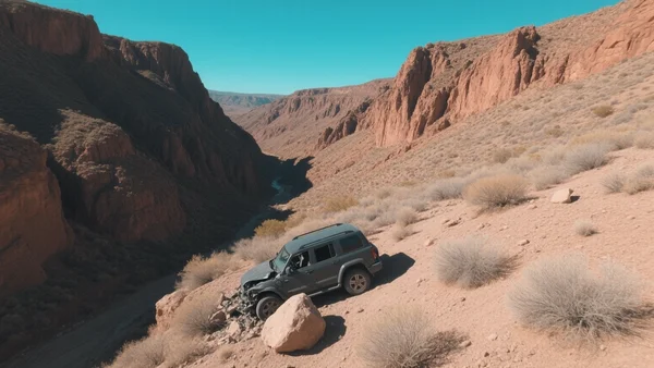 Vue plongeante d'un ravin escarpé et aride dans le désert du Chihuahua, avec un véhicule sombre accidenté au fond d'une pente rocheuse, sous un soleil de plomb