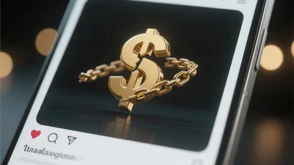 Gros plan sur un écran de smartphone affichant une interface de réseau social avec un symbole de chaîne brisée et un signe dollar doré flottant au-dessus, arrière-plan sombre et flou