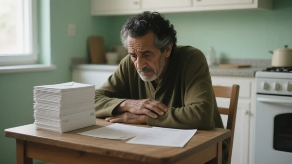 Personne âgée assise à une table de cuisine en face d'une pile de factures et de documents bancaires, regard inquiet, lumière naturelle filtrant par la fenêtre