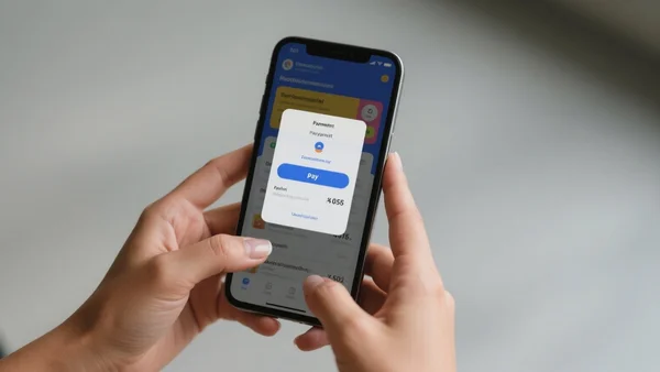 Gros plan sur une main tenant un smartphone, l'écran affiche une interface d'application avec une fenêtre de paiement bloquant l'accès, fond flou et neutre