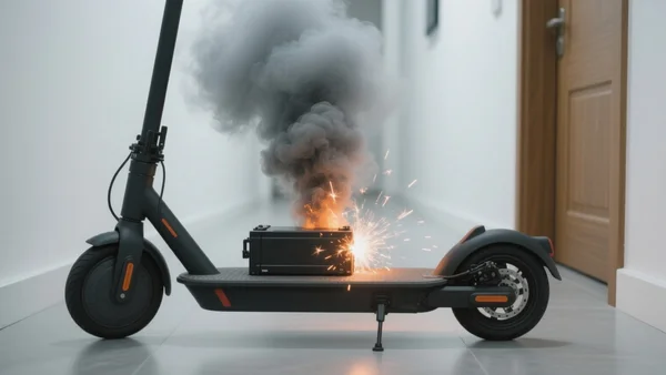 Gros plan sur une trottinette électrique posée dans un couloir d'appartement, avec des étincelles et une fumée grise épaisse s'échappant du plateau de la batterie