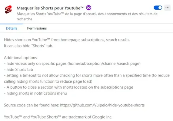 Page de l'extension 'Masquer les Shorts pour YouTube™' et ses options de configuration.