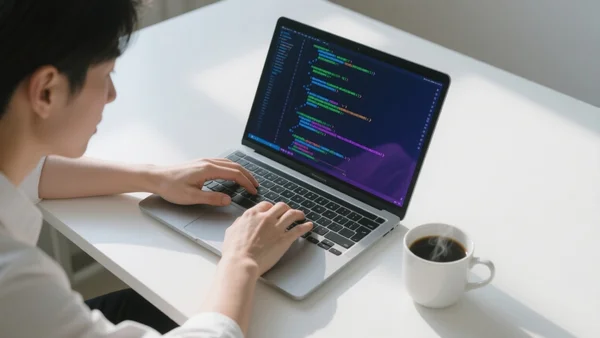 Vue en plongée d'un consultant travaillant sur un ordinateur portable ouvert affichant des lignes de code colorées, café chaud à côté, bureau lumineux et épuré