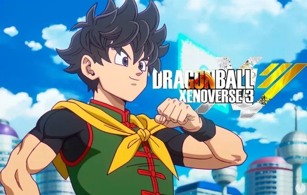 Illustration conceptuelle de Dragon Ball Xenoverse 3 avec un personnage devant un décor urbain futuriste.