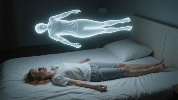 Vue en plongée d'une personne allongée paisiblement sur un lit dans une chambre sombre, avec une silhouette translucide et lumineuse s'élevant verticalement au-dessus de son corps physique