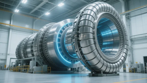 Vue rapprochée d'un réacteur Tokamak avec ses bobines magnétiques massives et complexes en acier inoxydable, éclairées par des lumières industrielles froides dans un hangar technologique
