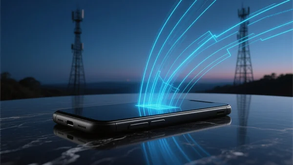Vue en gros plan d'un smartphone posé sur une table sombre, entouré de lignes de données numériques lumineuses et bleutées qui s'en échappent pour rejoindre des tours de télécommunication invisibles en arrière-plan