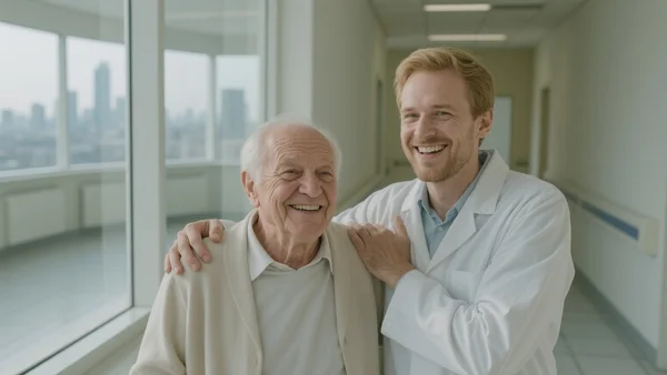Deux hommes, l'un âgé et l'autre d'âge moyen, se prennent par les épaules dans un hôpital lumineux, visages soulagés et heureux, fenêtre avec vue floue sur la ville en arrière-plan