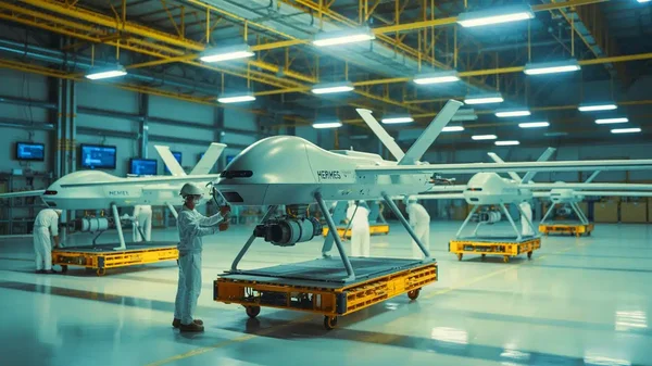 Drone Hermes 450 sur une plateforme jaune dans un atelier industriel.