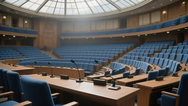 Vue intérieure de l'hémicycle de l'Assemblée nationale française, sièges bleus vides avec microphones, lumière tamisée traversant les verrières