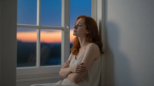 Femme assise au bord d'une fenêtre ouverte, bras croisés, regardant vers l'extérieur avec une expression de fatigue et de soulagement mixte, lumière douce du crépuscule