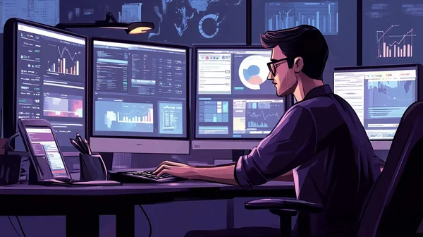 Représentation d'un journaliste web utilisant des outils numériques modernes.