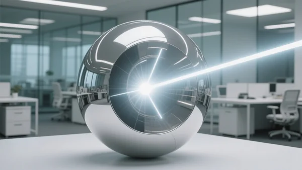 Gros plan d'une sphère chromée et futuriste, l'Orb, reflétant un environnement de bureau moderne, avec un faisceau lumineux émanant du centre de l'appareil