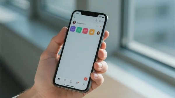 Vue rapprochée d'un smartphone tenu en main affichant une interface d'application sociale avec plusieurs onglets thématiques colorés et organisés en haut de l'écran, lumière naturelle de bureau