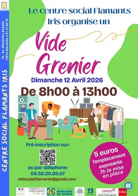 Affiche illustrée pour un vide-grenier organisé par le centre social Flamants Iris.
