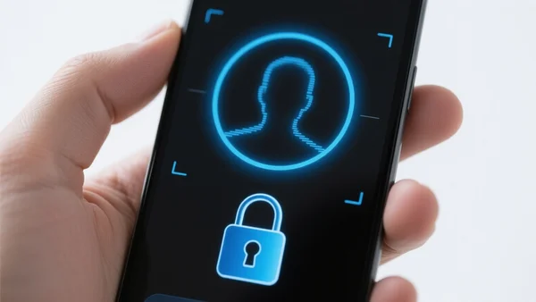 Gros plan d'un smartphone affichant une interface de vérification d'identité avec un scanneur de visage et un cadenas numérique, lumière froide et bleutée