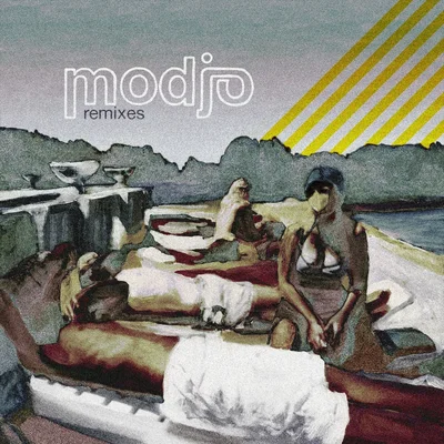 Illustration de 'Modjo Remixes' représentant des figures dans un paysage stylisé sous des rayons jaunes.