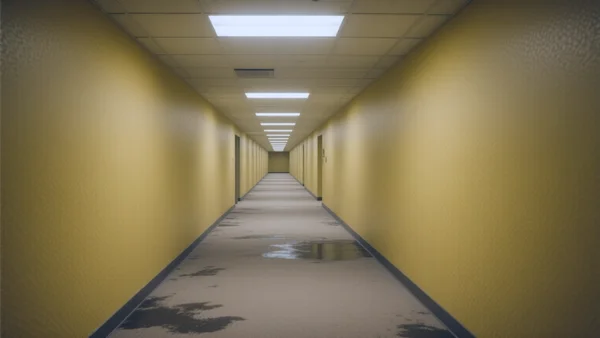 Vue en perspective d'un couloir infini avec des murs recouverts de papier peint jaune monotone, une moquette beige humide et des plafonds avec des dalles fluorescentes émettant une lumière blafarde et uniforme