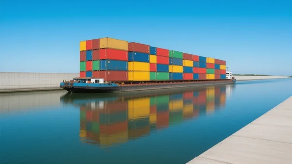 Péniche géante chargée de conteneurs colorés naviguant sur un canal large, eau calme, digue en béton au premier plan et ciel bleu