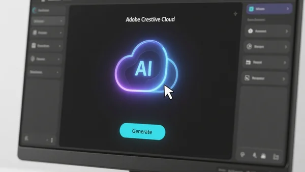Vue en gros plan d'un écran d'ordinateur affichant l'interface sombre d'Adobe Creative Cloud avec un assistant IA lumineux au centre, le curseur de la souris cliquant sur un bouton générer