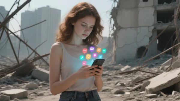 Main tenant un smartphone dans un paysage urbain en ruines, écran du téléphone affichant des couleurs vives et des notifications, contraste entre la destruction physique et l'interface numérique lumineuse