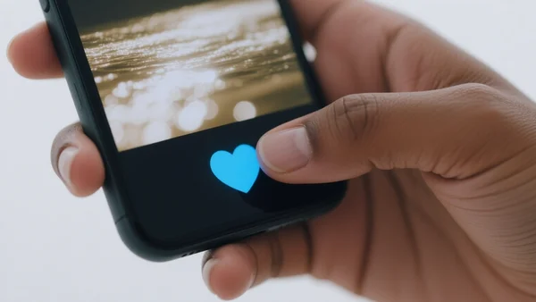 Premier plan grossier d'une main tenant un smartphone, le pouce est prêt à appuyer sur un bouton bleu en forme de cœur, l'écran affiche un flux lumineux flou