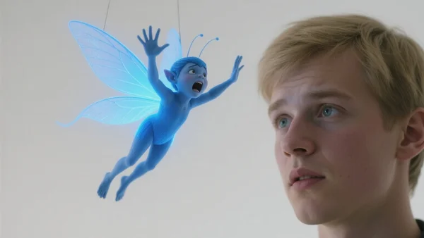 Premier plan d'une fée lumineuse bleue flottant devant un visage de joueur héros, la fée crie et fait des gestes insistants pour attirer l'attention