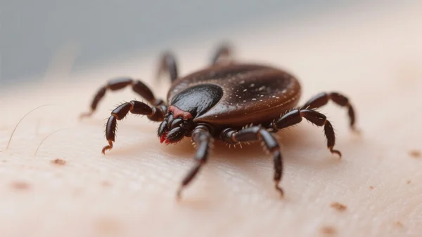 Plan serré sur une tique accrochée à la peau humaine, éclairage de clinique neutre