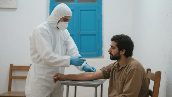 Un agent de santé en tenue de protection blanche complète, portant un masque et des gants, prélevant un échantillon sanguin dans le bras d'un patient dans un centre de soins rural