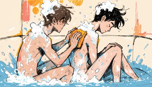 Gros plan d'un père lavant son jeune fils dans la baignoire, attention douce et bienveillante, lumière naturelle de salle de bain