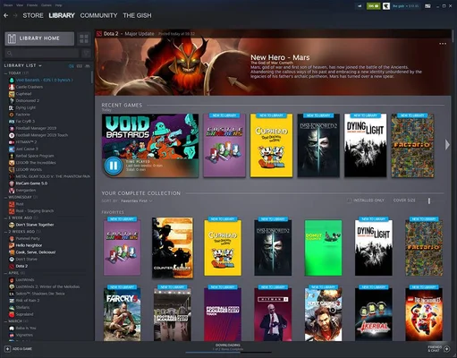 Nouvelle interface de la bibliothèque Steam avec une bannière promotionnelle et une liste de jeux.