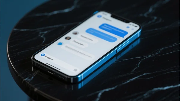 Gros plan sur un smartphone posé sur une table sombre, l'écran affichant l'interface de l'application Telegram avec des bulles de discussion floues, éclairage froid et dramatique