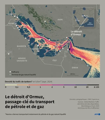 Infographie montrant la densité du trafic maritime dans le détroit d'Ormuz.